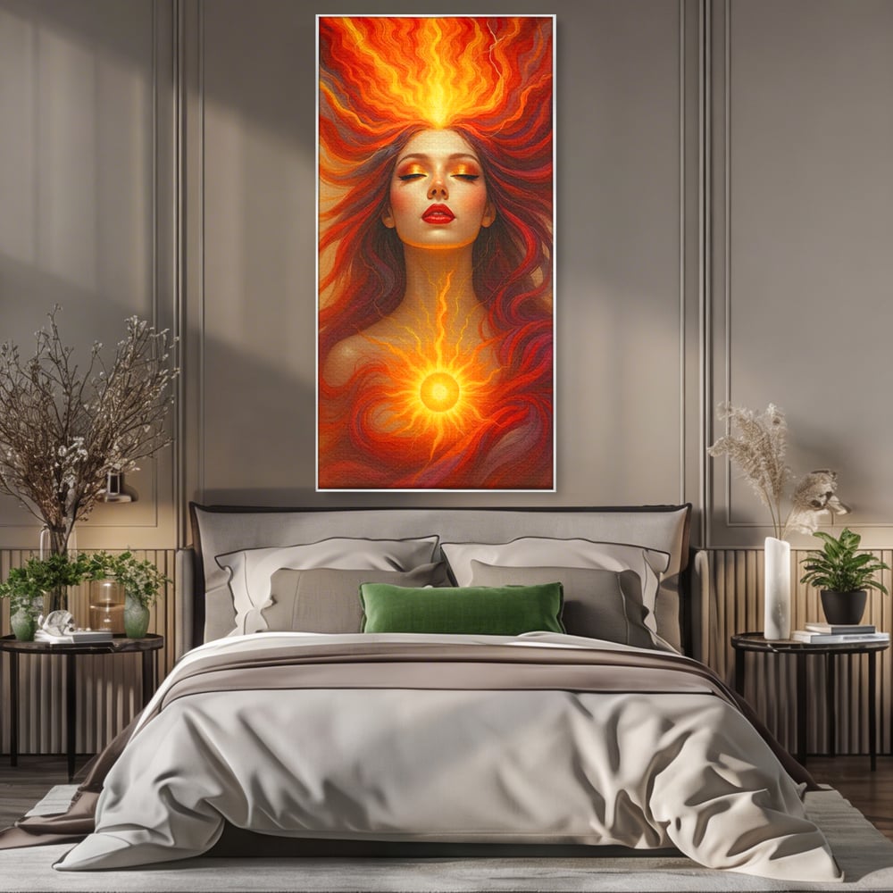 Tablou canvas cu tablou canvas cu zeita focului, in rama de aluminiu argintiu, pe perete intr-un dormitor